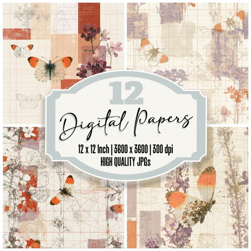 Pattern Studio Orange Tip Butterfly Ivory Butterfly Orange Smock Lilac digital paper pack cover showing four of the 12 papers