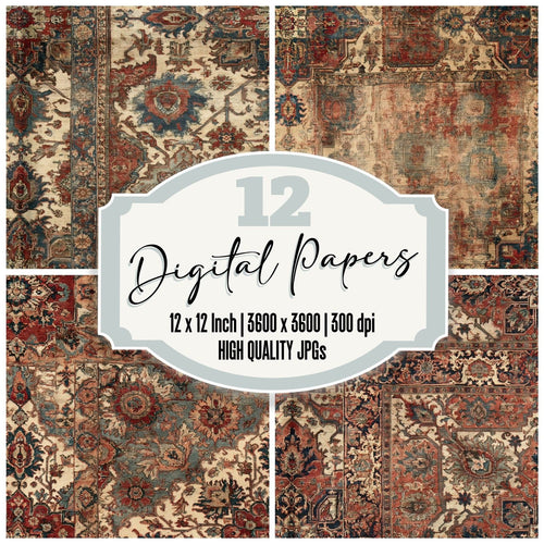 Vintage Aged Persian Rug Motif Carpet Cream Madder Red Indigo Seamless digital paper pack cover showing four of the 12 papers