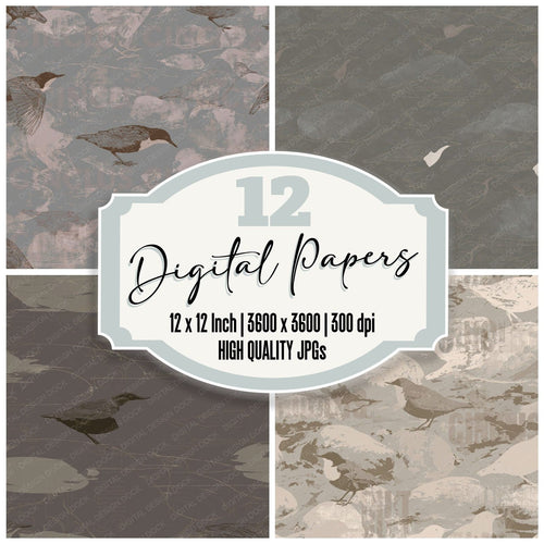 Dipper Bird River Stone Grey Chestnut Bone White digital paper pack cover showing four of the 12 papers