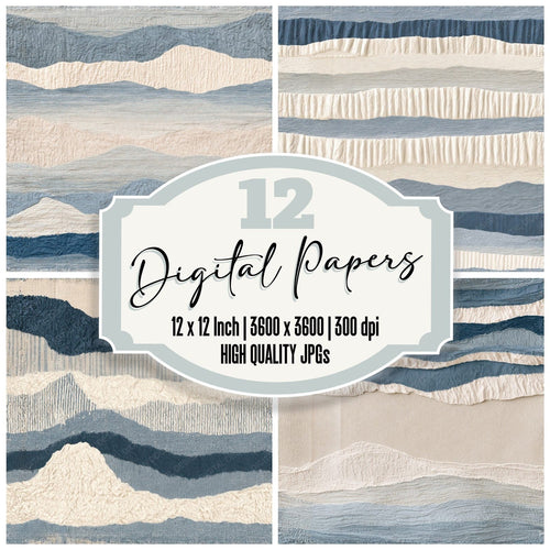 Seersucker Stripe Seersucker Cream Cornflower Blue Bone Seamless digital paper pack cover showing four of the 12 papers