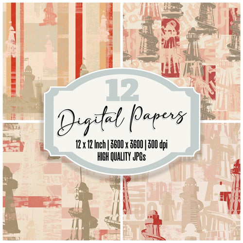 Vintage Helter Skelter Fairground Cream Dusty Red Cream Stripe digital paper pack cover showing four of the 12 papers