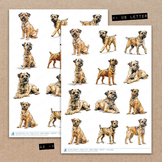 A4 and US Letter format comparison showing Border Terrier Watercolour Dog fussy cut pages for print and cut crafting