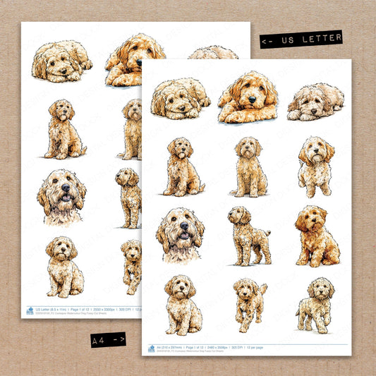 A4 and US Letter format comparison showing Cockapoo Watercolour Dog fussy cut pages for print and cut crafting