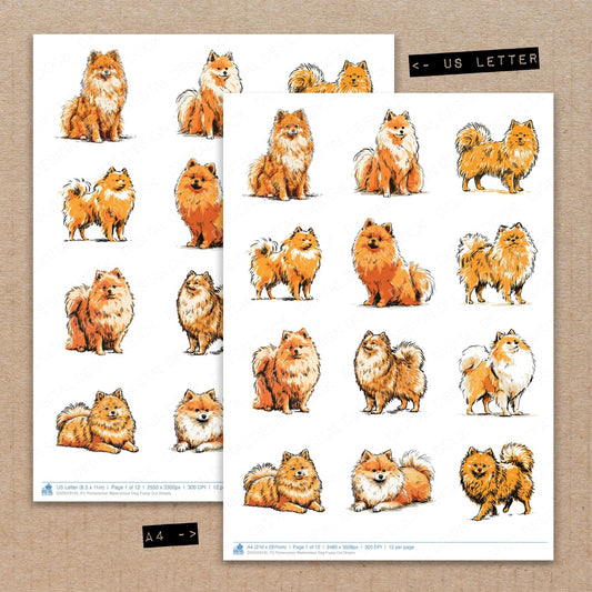 A4 and US Letter format comparison showing Pomeranian Watercolour Dog fussy cut pages for print and cut crafting