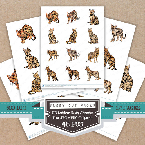 Bengal Watercolour Cat fussy cut printable sheets for junk journaling, scrapbooking, and paper craft projects