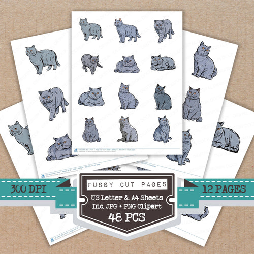 British Shorthair Watercolour Cat fussy cut printable sheets for junk journaling, scrapbooking, and paper craft projects