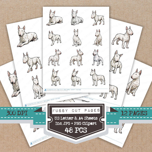 Bull Terrier Watercolour Dog fussy cut printable sheets for junk journaling, scrapbooking, and paper craft projects