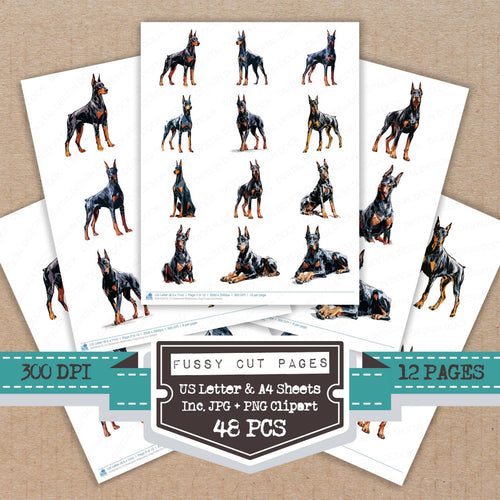 Doberman Watercolour Dog fussy cut printable sheets for junk journaling, scrapbooking, and paper craft projects