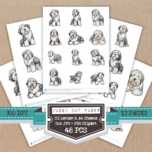 Old English Sheepdog Watercolour Dog fussy cut printable sheets for junk journaling, scrapbooking, and paper craft projects
