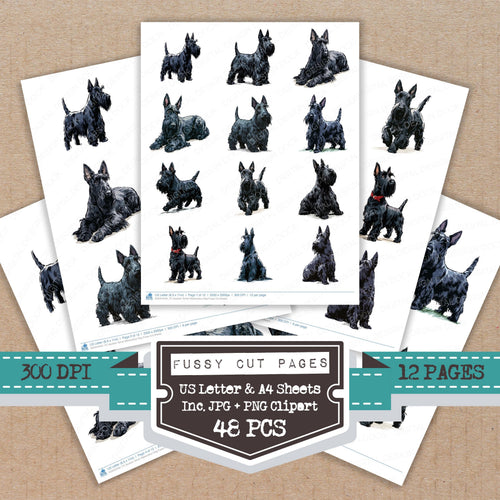 Scottish Terrier Watercolour Dog fussy cut printable sheets for junk journaling, scrapbooking, and paper craft projects