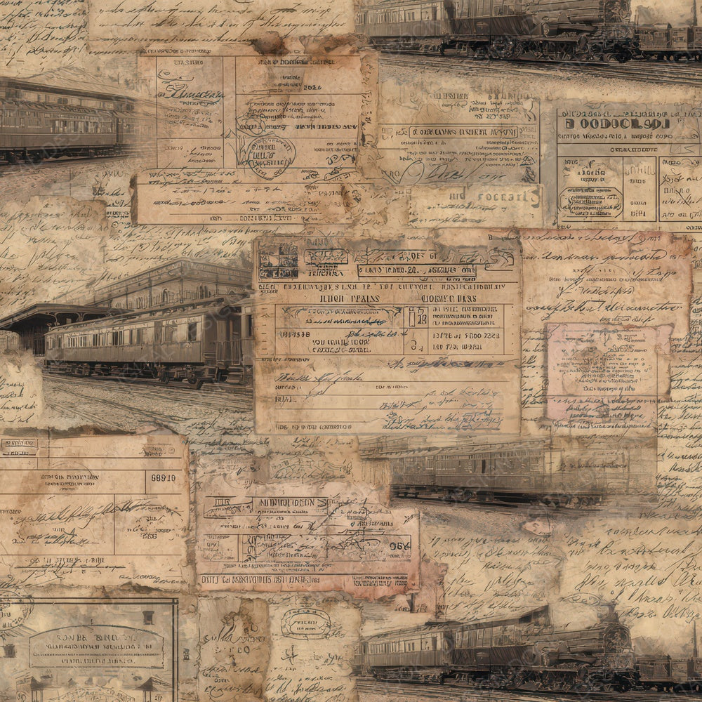 Antique Train Ticket Platform Background Digital Paper Pack (DDD008831)
