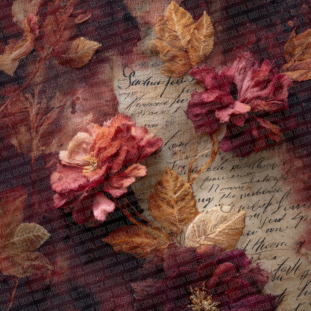 Burgundy Umber Fabric Layer Floral Script Digital Paper Pack (DDD000739)