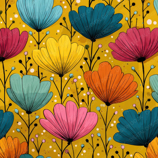 Cartoon Floral Drawing Background Digital Paper Pack (DDD007853)