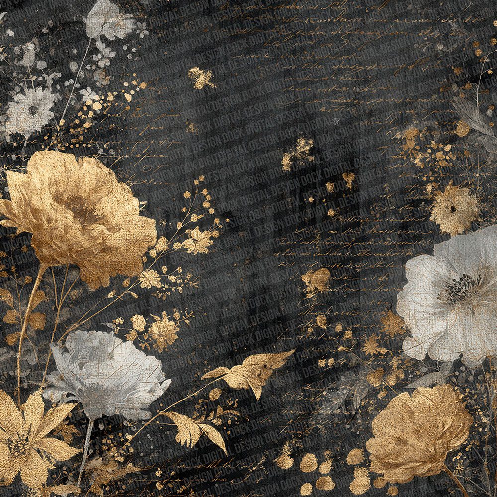 Charcoal Gold Fabric Layer Floral Script Digital Paper Pack (DDD000873)