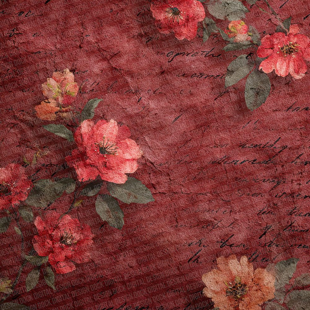 Crimson Parchment Fabric Layer Floral Script Digital Paper Pack (DDD001337)