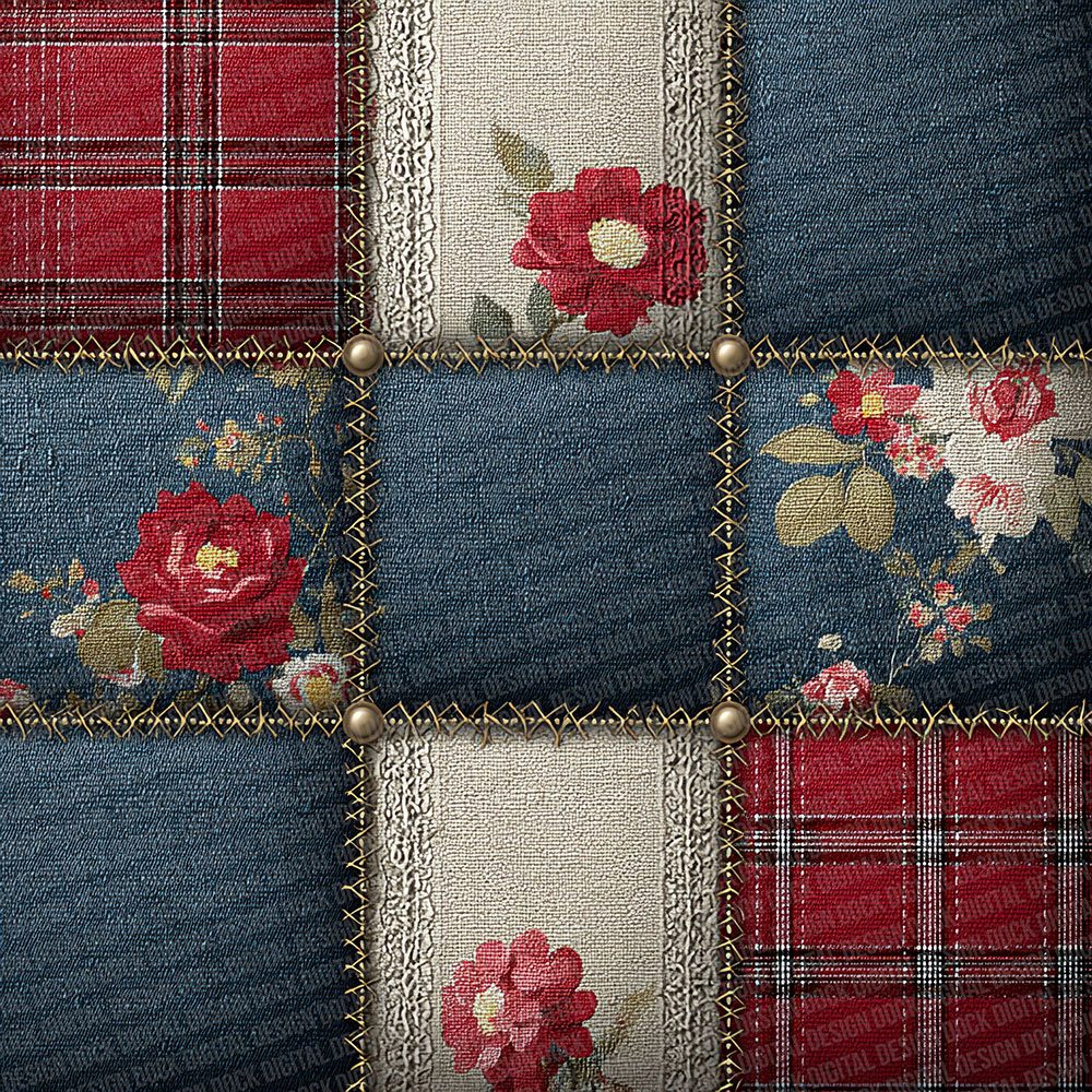 Denim Tartan Lace Patchwork Fabric Digital Paper Pack (DDD001442)