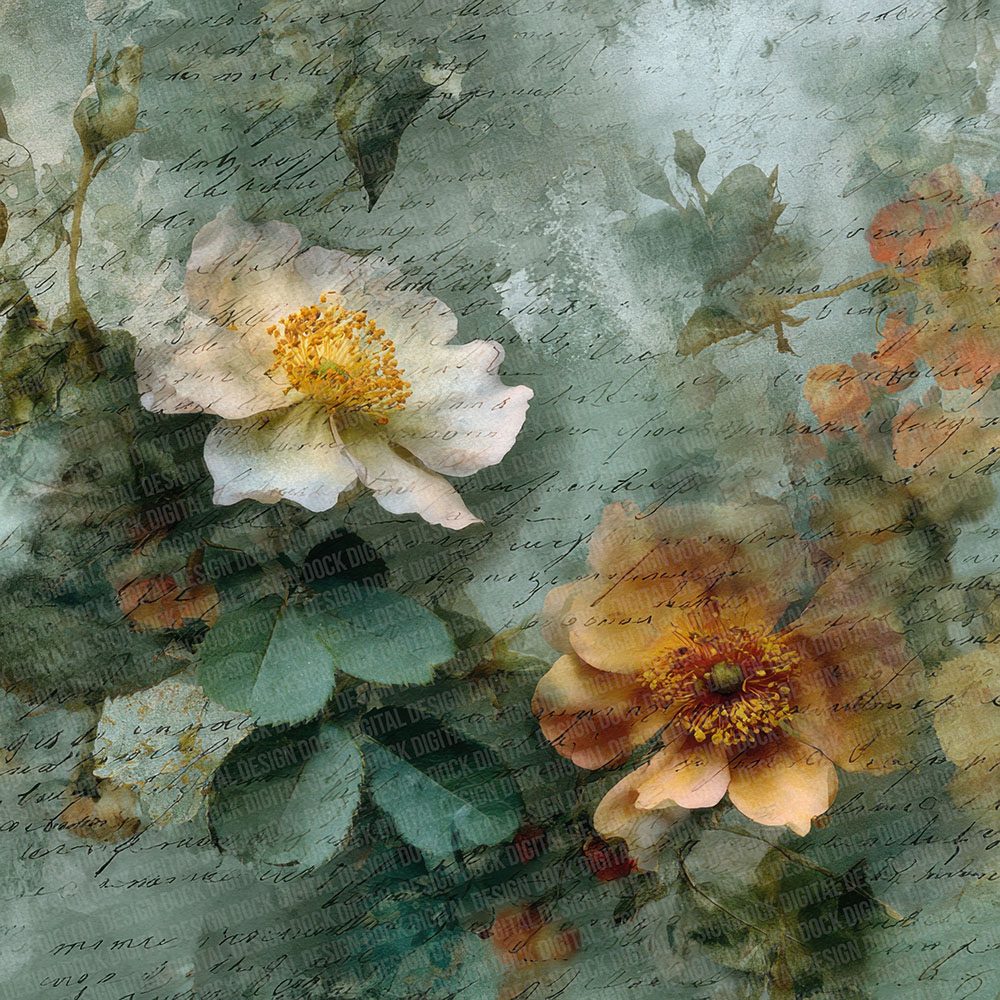 Moss Bronze Fabric Layer Floral Script Digital Paper Pack (DDD002606)