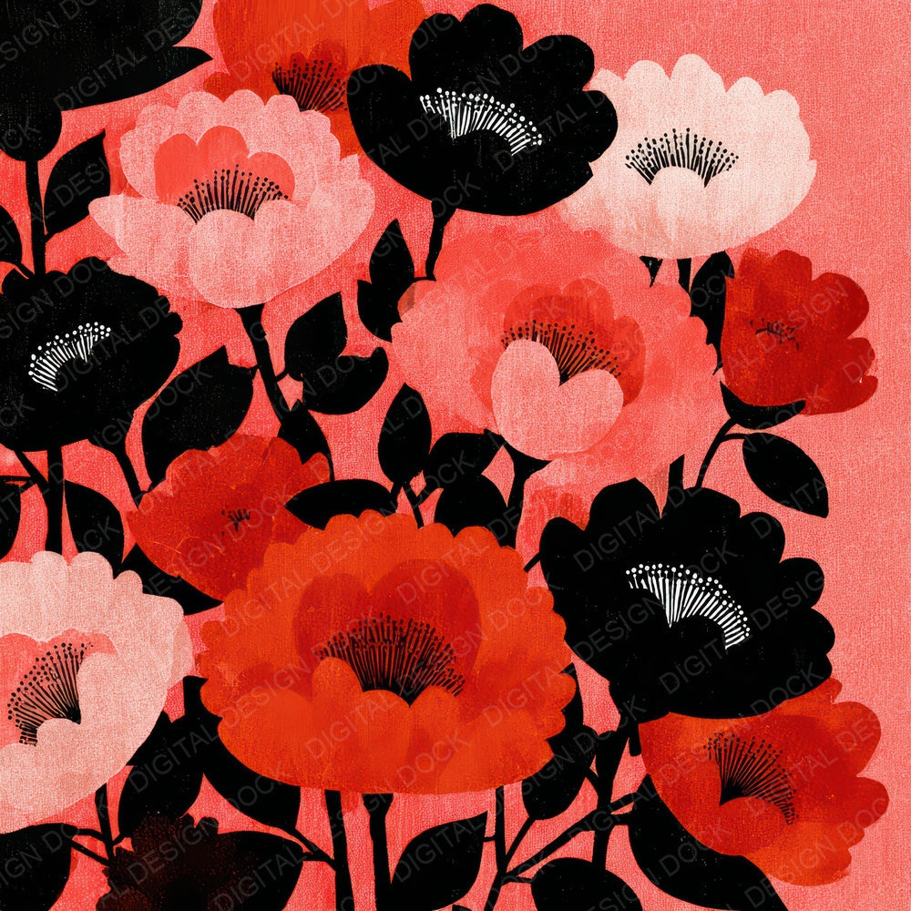 Red Folk Block Floral Background Digital Paper Pack (DDD007864)