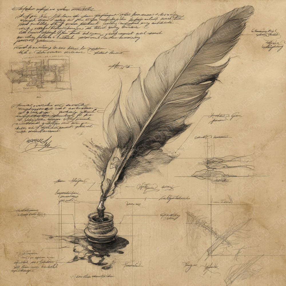 Sketch Feather Quill Ink Digital Paper Pack (DDD003550)