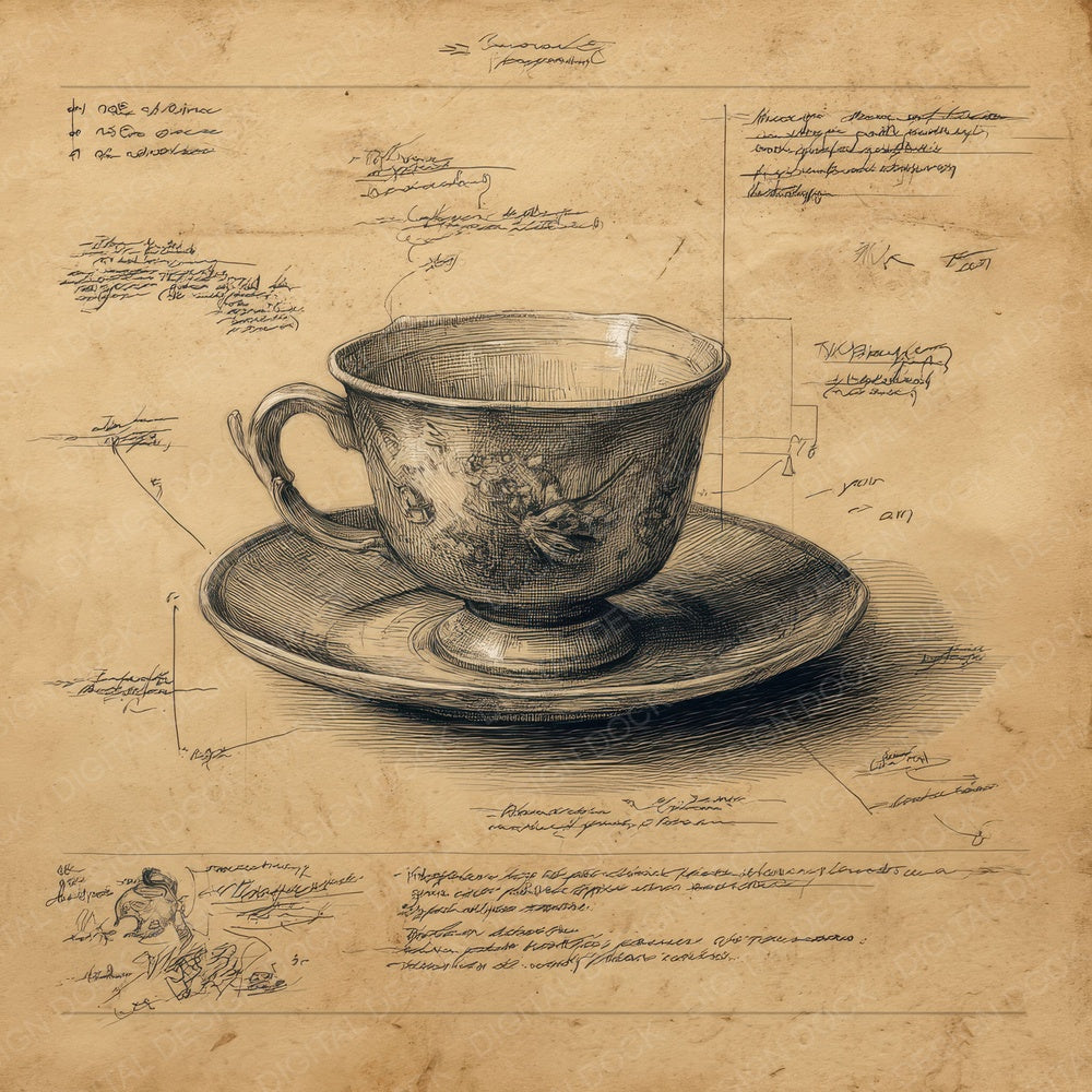 Sketch Teacup and Saucer Digital Paper Pack (DDD003681)