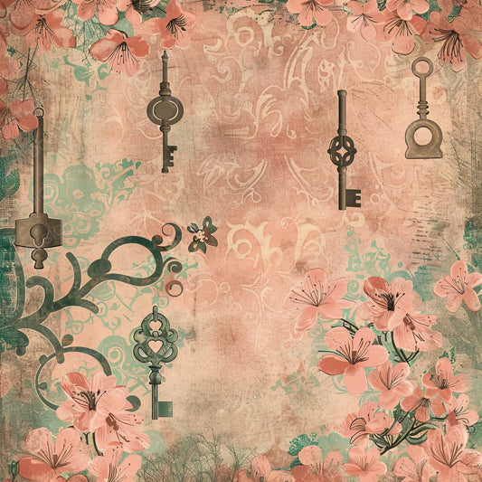 Soft Coral and Jade Green Keys and Locks Digital Paper Pack (DDD003745)