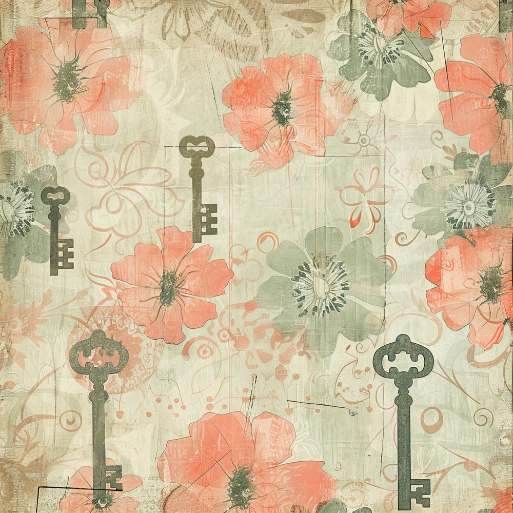 Soft Coral and Jade Green Keys and Locks Digital Paper Pack (DDD003745)