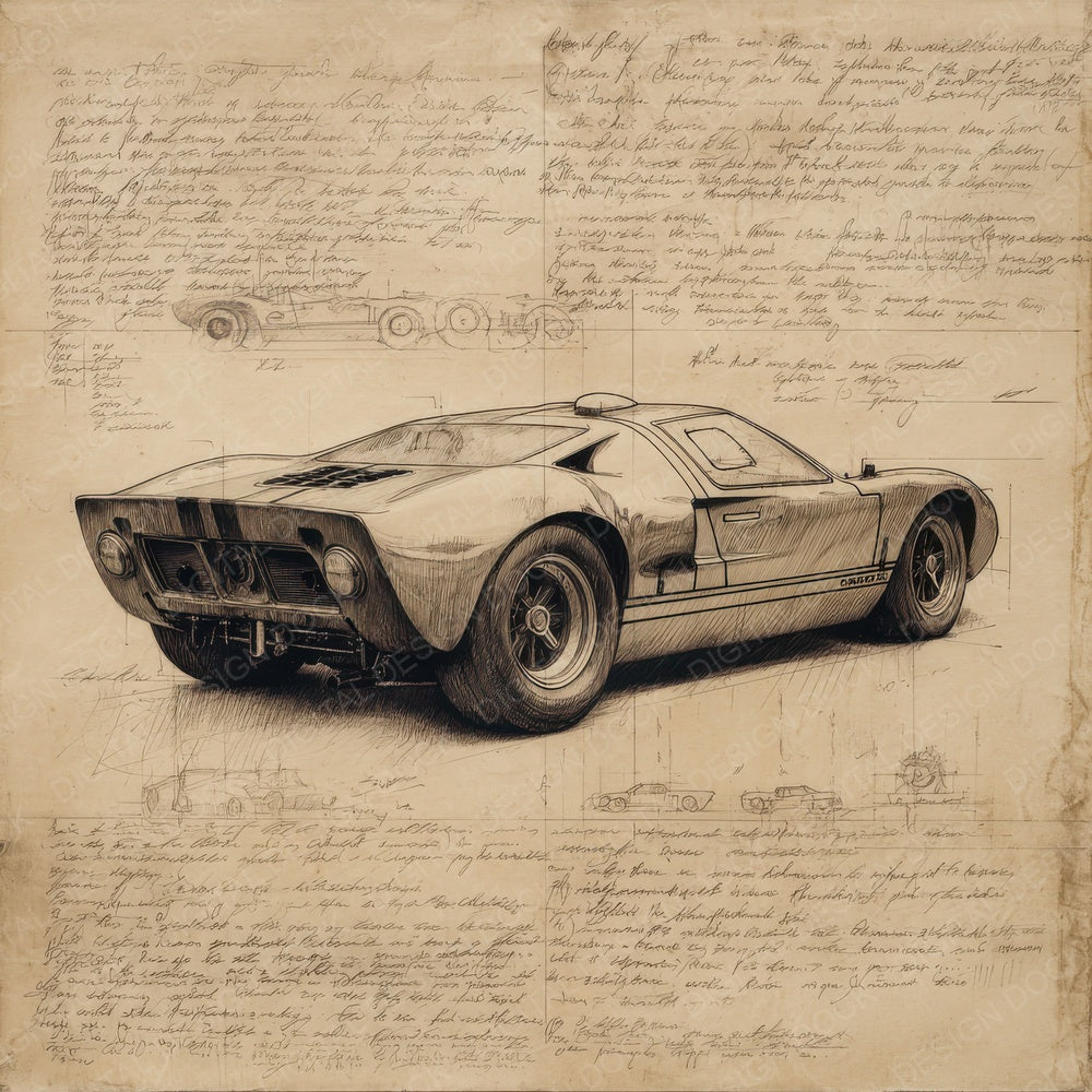 Sports Car Sketch Vintage Motion Blueprint Digital Paper Pack (DDD003825)