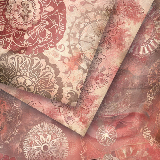 Taupe and Coral Pink Mandala Pattern Digital Paper Pack (DDD003953)