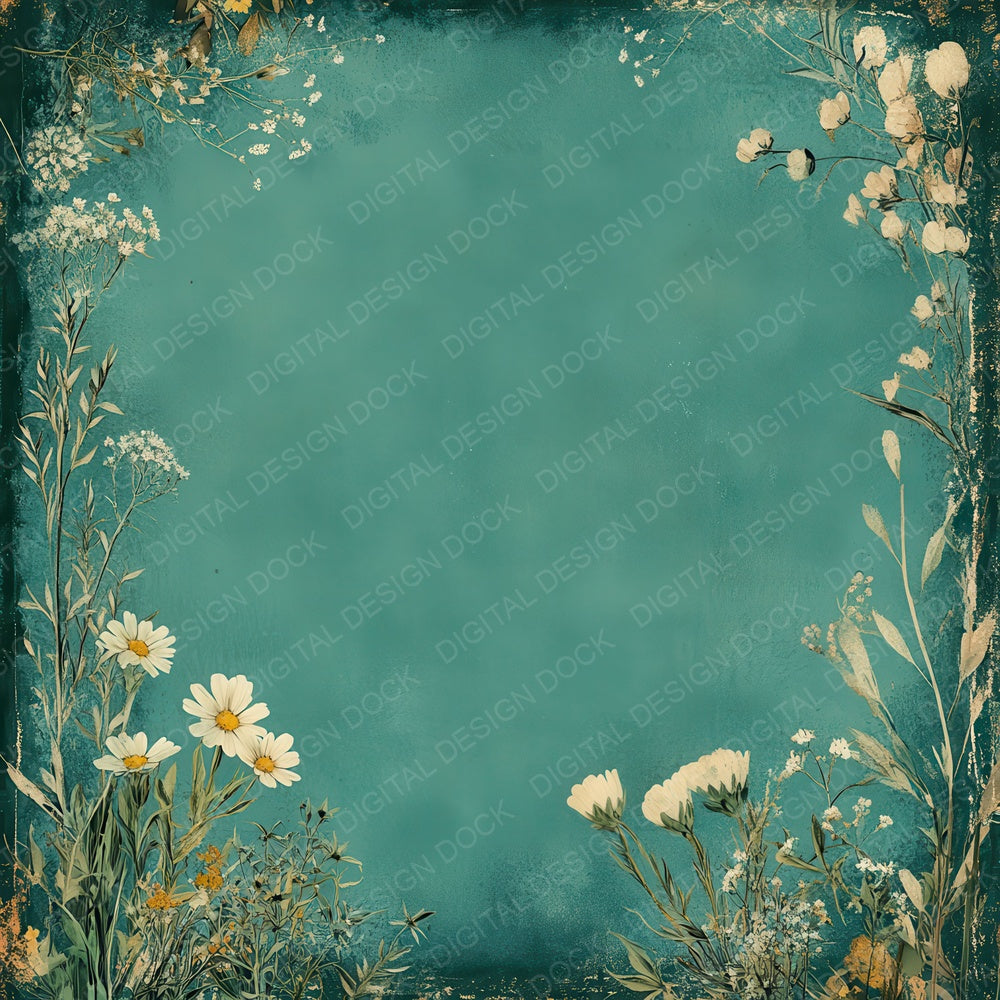 Teal Cream Flower Border Digital Paper Pack (DDD003957)