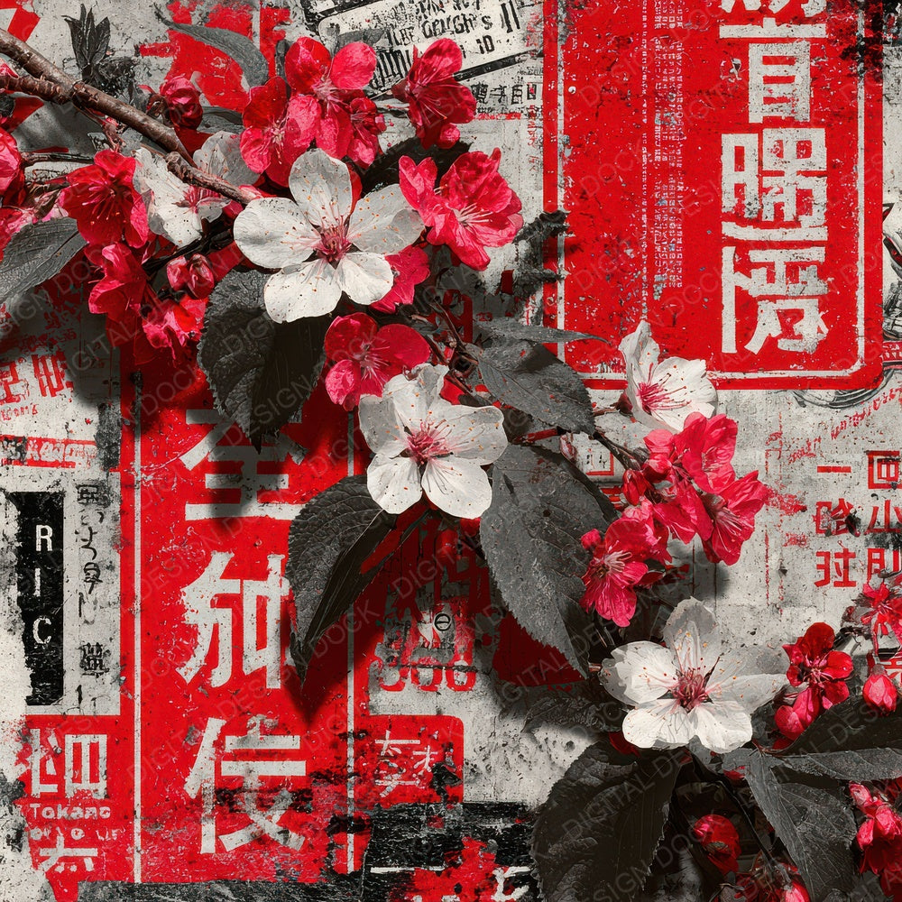 Tokyo Collage Red White Blossom Digital Paper Pack (DDD004015)