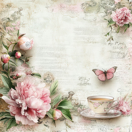 Victorian Decoupage Peony Tea Label Digital Paper Pack (DDD004198)