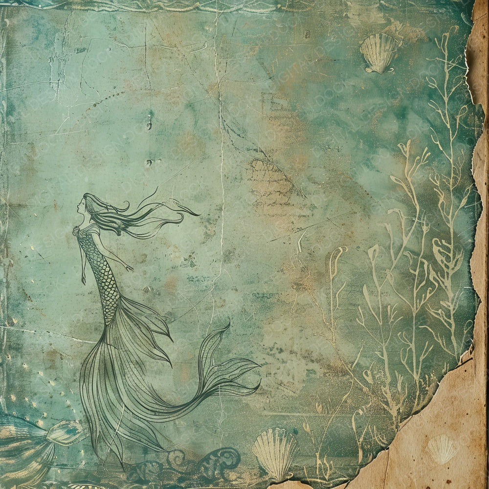 Vintage Digital Paper Muted Teal Mermaid Digital Paper Pack (DDD004266)