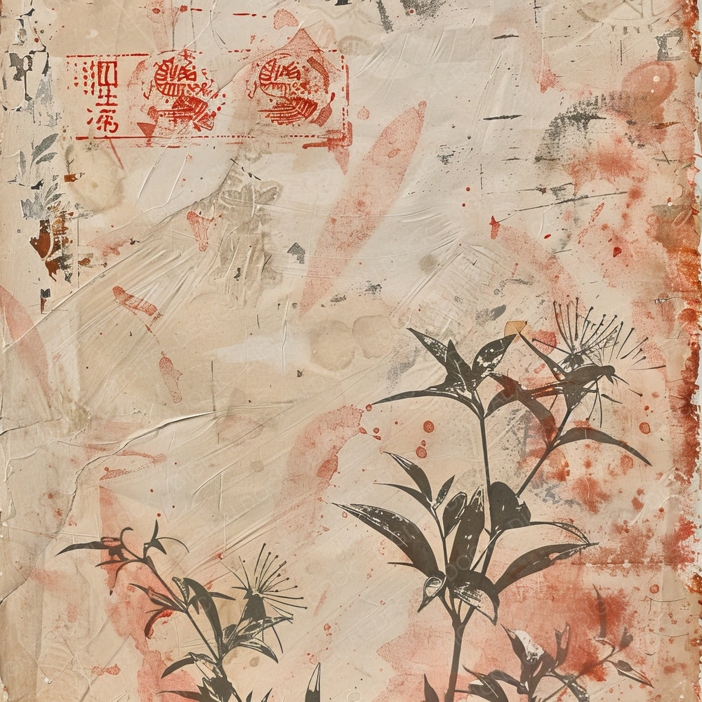 Vintage Digital Paper Red Ink Wash Botanical Digital Paper Pack (DDD004279)