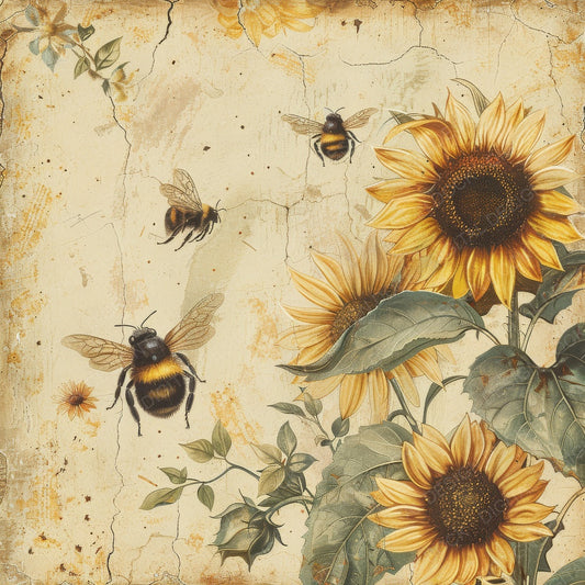 Vintage Digital Paper Sunflower Bees Digital Paper Pack (DDD004290)