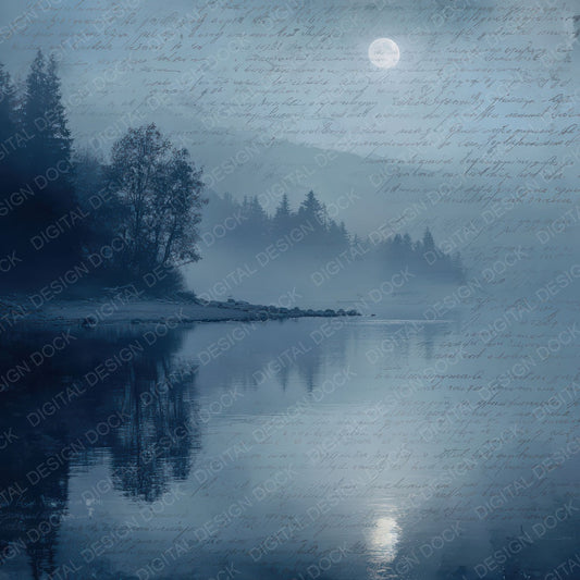 Vintage Moonlit Lake Night Scene Digital Paper Pack (DDD012301)