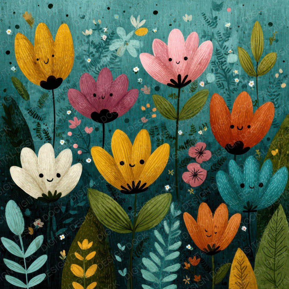 Whimsical Cartoon Floral Background Digital Paper Pack (DDD007867)