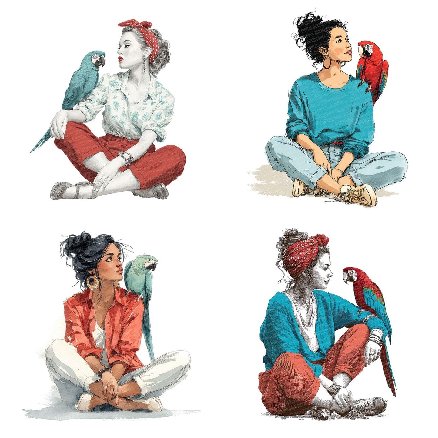 Watercolour Woman with Parrot Clipart Set (DDD007433)