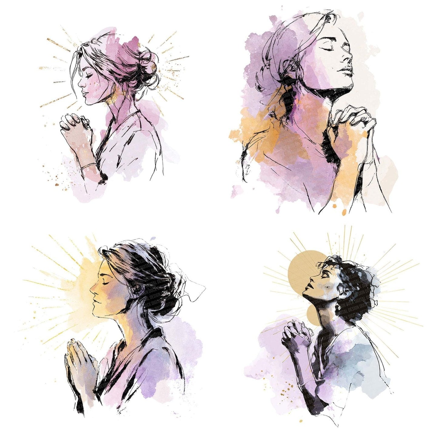Woman Praying with Light Clipart Set (DDD007552)