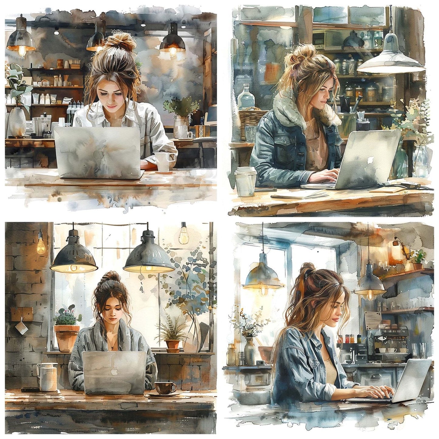 Woman in Cafe Working on Laptop Clipart Set (DDD007543)