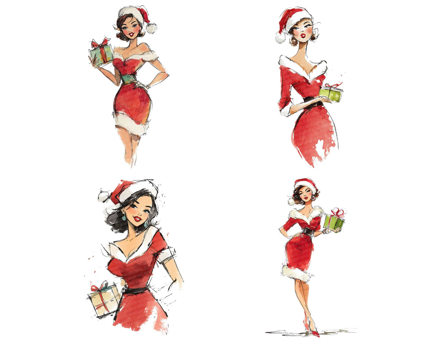 Woman in Red Christmas Dress Clipart Set (DDD007547)