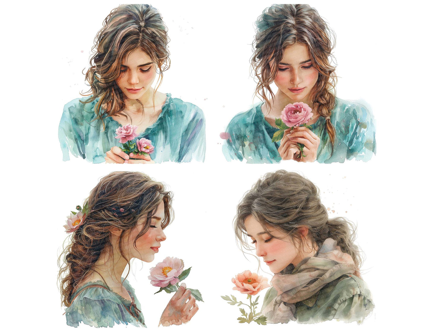 Woman with Single Flower Clipart Set (DDD007565)