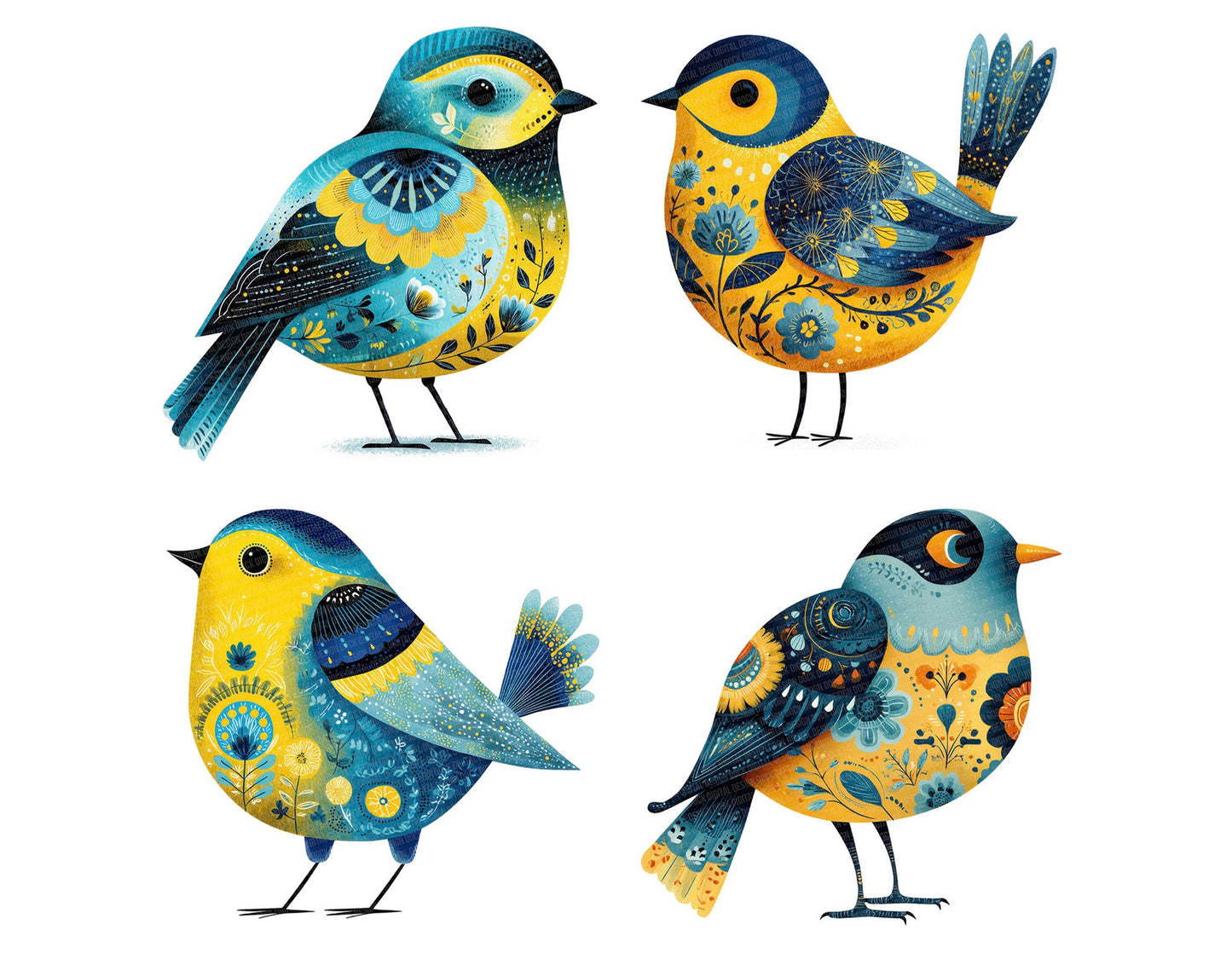 Yellow Folk Art Bird Clipart Set (DDD007600)