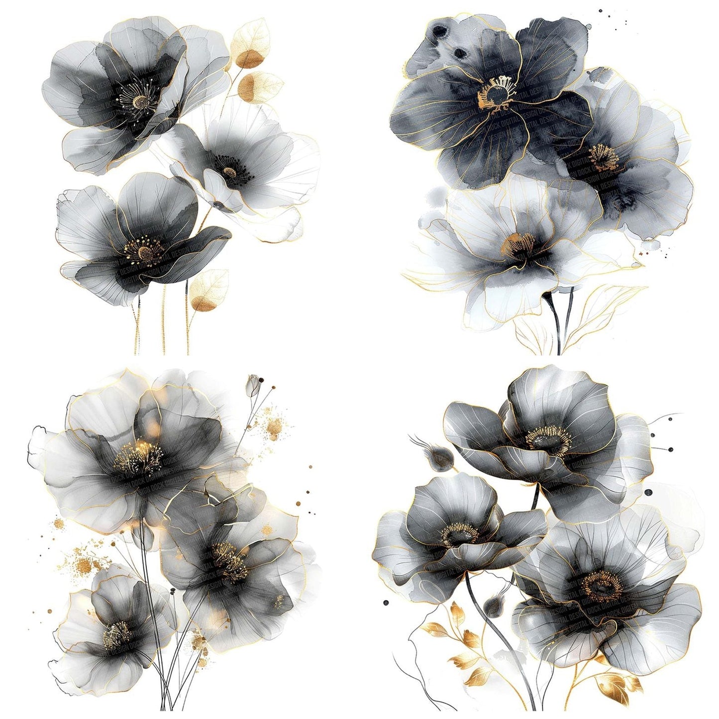 Abstract Flowers in Black and White Clipart Set (DDD004522)