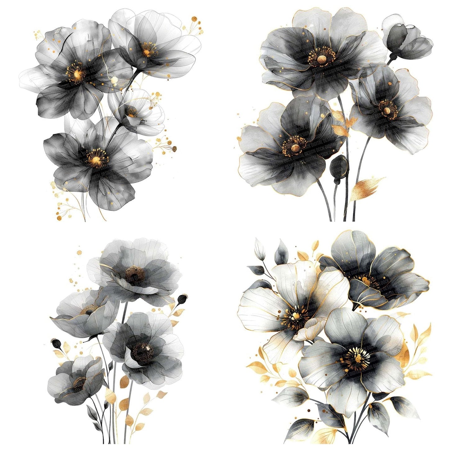 Abstract Flowers in Black and White Clipart Set (DDD004522)
