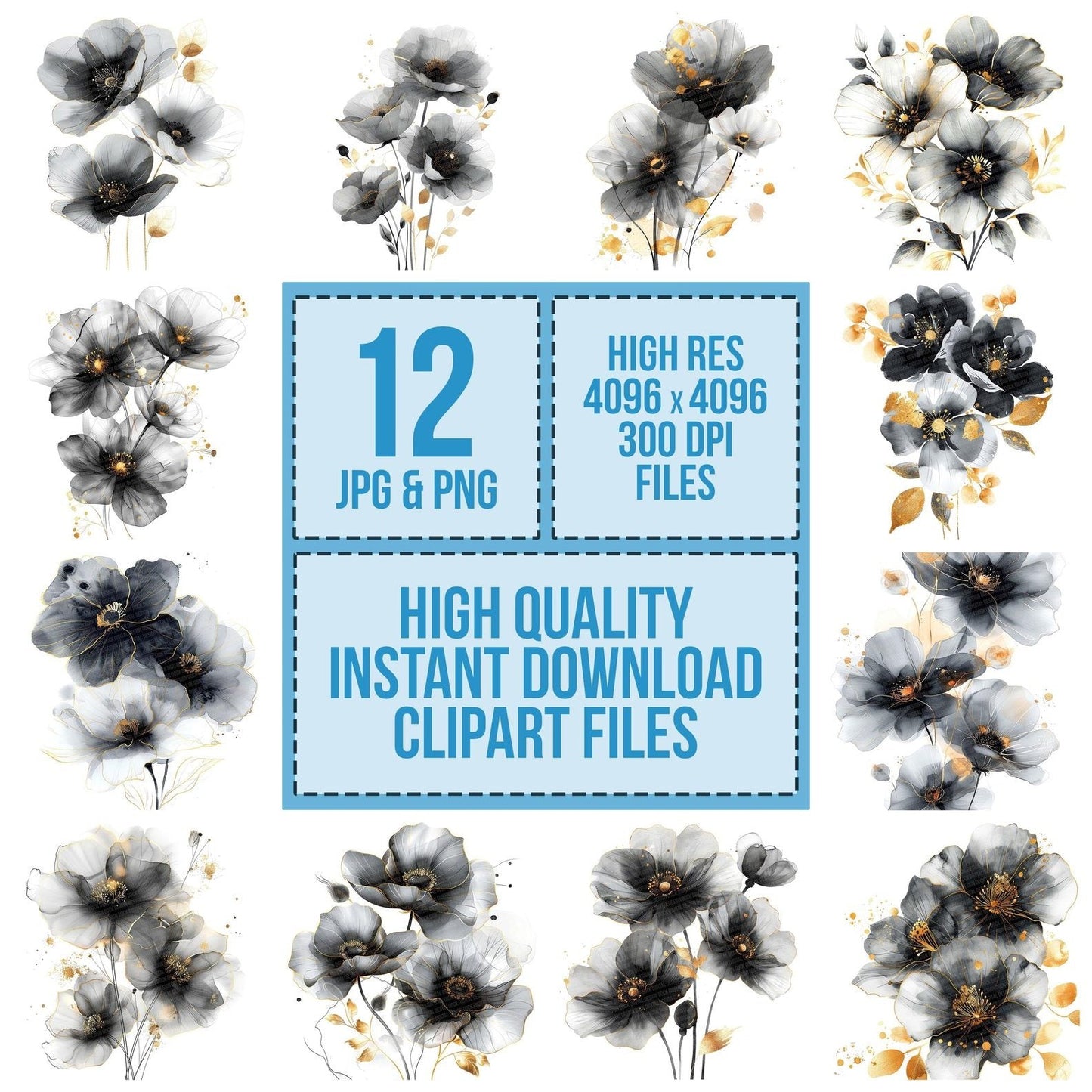 Abstract Flowers in Black and White Clipart Set (DDD004522)