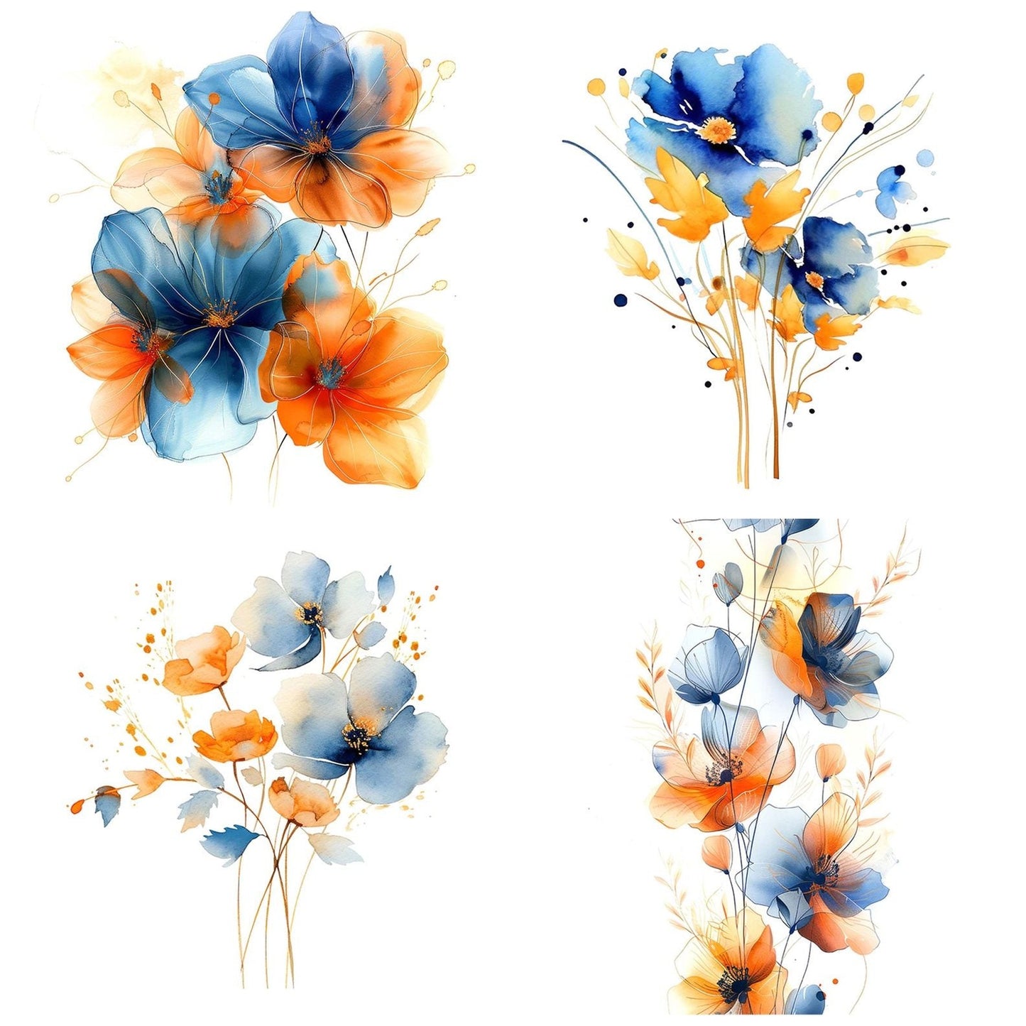 Abstract Flowers in Orange and Blue Clipart Set (DDD004524)