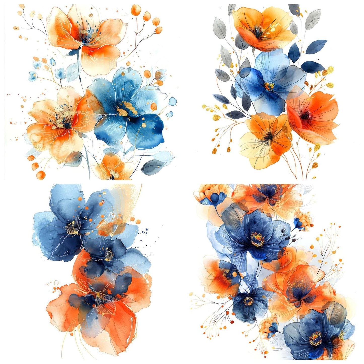 Abstract Flowers in Orange and Blue Clipart Set (DDD004524)