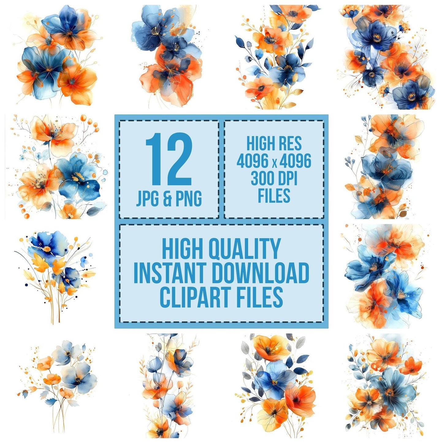 Abstract Flowers in Orange and Blue Clipart Set (DDD004524)