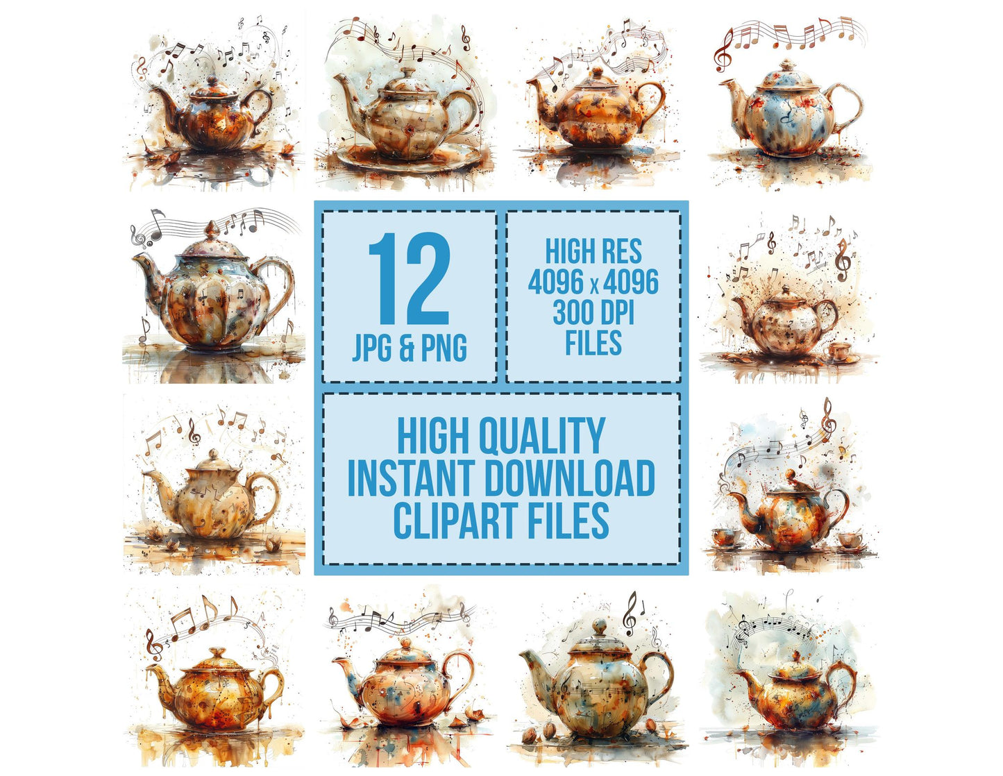 Antique Teapot with Music Notes Clipart Set (DDD004610)