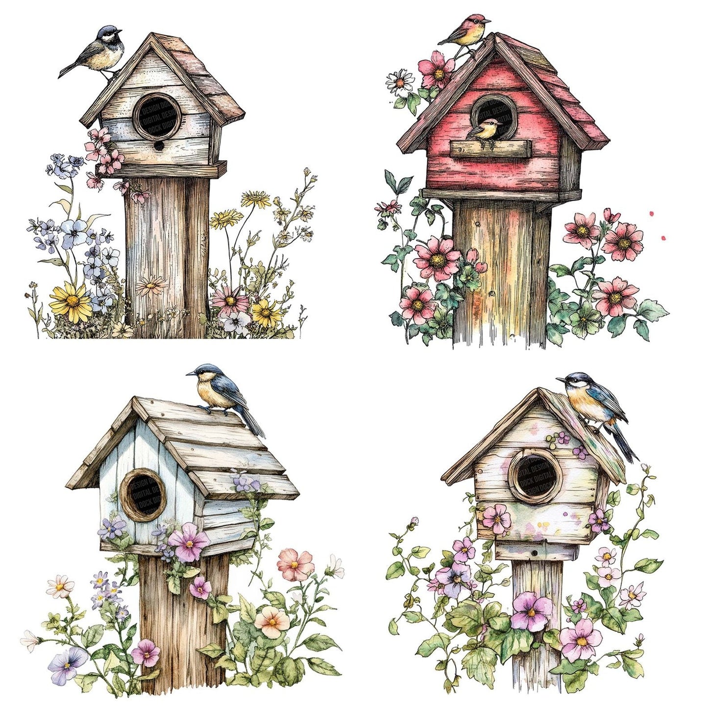 Birdhouse with Climbing Flowers Clipart Set (DDD004682)